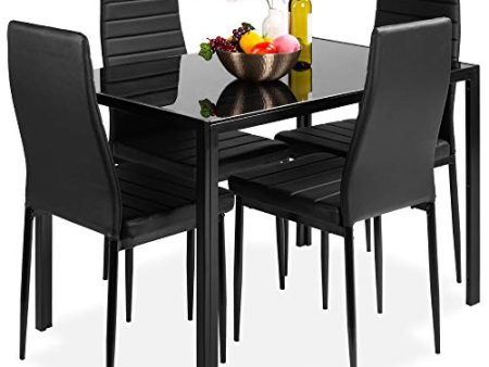 Best Choice Products 5-Piece Kitchen Dining Table Set w Glass Tabletop, 4 Faux Leather Chairs - Black For Cheap