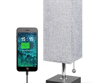 USB Table Desk Lamp, Grey Bedside Nightstand Lamp with USB Charging Port, Solid Wood Unique Lampshade,Convenient Pull Chain for Bedroom Living Room Supply