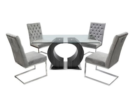 5 PC Glass Dining Table Set With Velvet Tufted Knocker Chairs- Model Krist For Sale