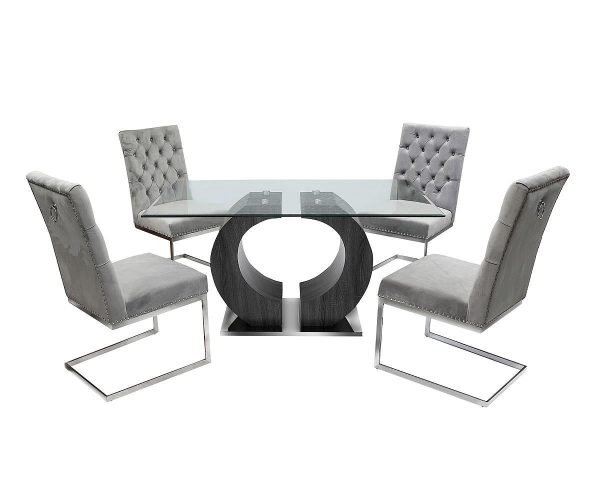 5 PC Glass Dining Table Set With Velvet Tufted Knocker Chairs- Model Krist For Sale