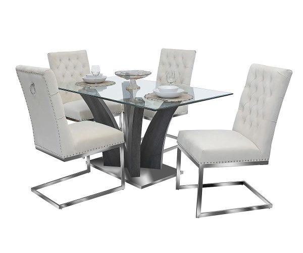 5 PC Glass Dining Table Set With Velvet Tufted Knocker Chairs- Model Thames Hot on Sale