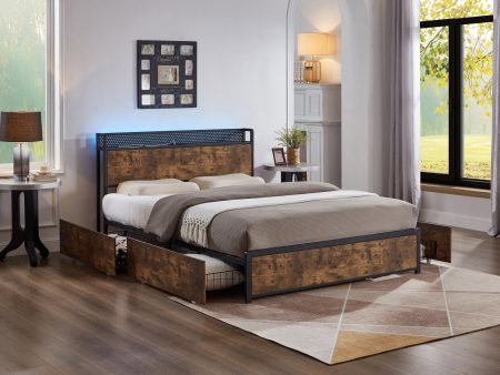 Wood Grain & Metal Storage Bed With LED Lights, USB & 4 Large Mesh Storage Drawers- Double or Queen - Model #5930 Online