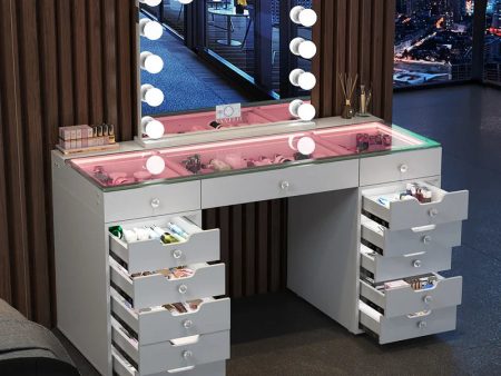 White Vanity Set With 13 Storage Drawers Includes Full Light & Large Sized Mirror- Model Eva Hot on Sale