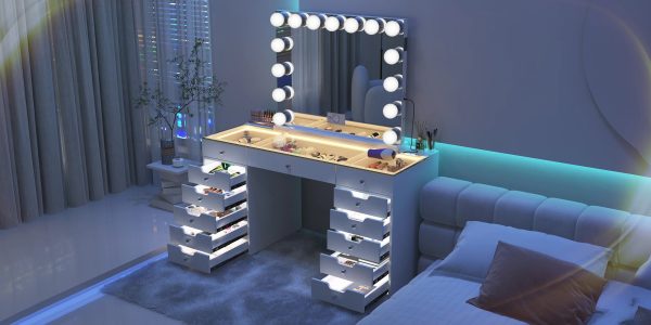 White Vanity Set With 13 Storage Drawers Includes Full Light & Large Sized Mirror- Model Eva Hot on Sale