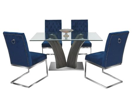 5 PC Glass Dining Table Set With Velvet Tufted Knocker Chairs- Model Thames Online Hot Sale