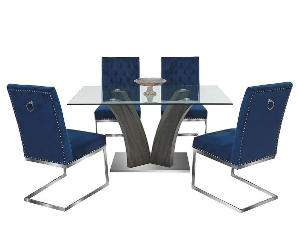 5 PC Glass Dining Table Set With Velvet Tufted Knocker Chairs- Model Thames Online Hot Sale