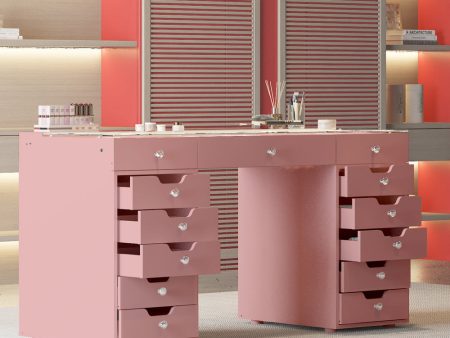 Pink Vanity Set With 13 Storage Drawers Includes Full Light & Large Sized Mirror- Model Eva Supply