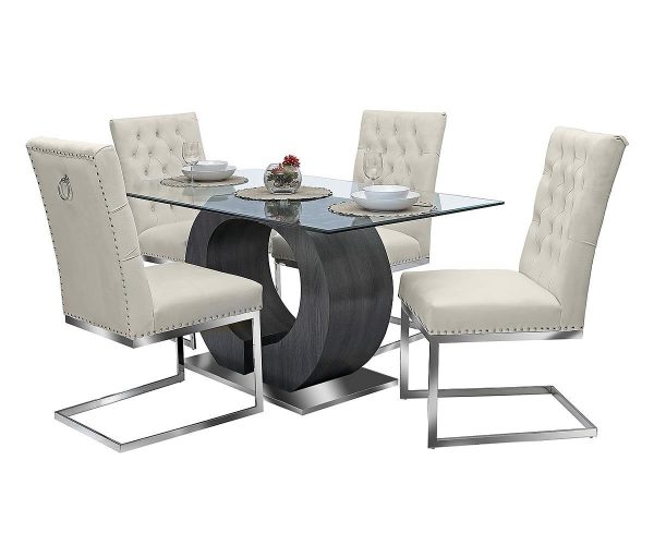 5 PC Glass Dining Table Set With Velvet Tufted Knocker Chairs- Model Krist Online Sale